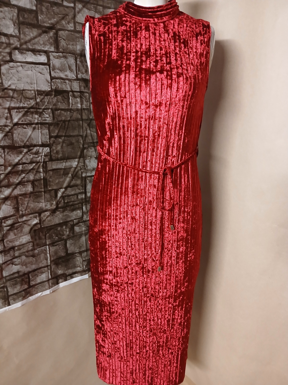 Emma & Michele Crushed Velvet Sleeveless Midi Dress in Red- Medium Size